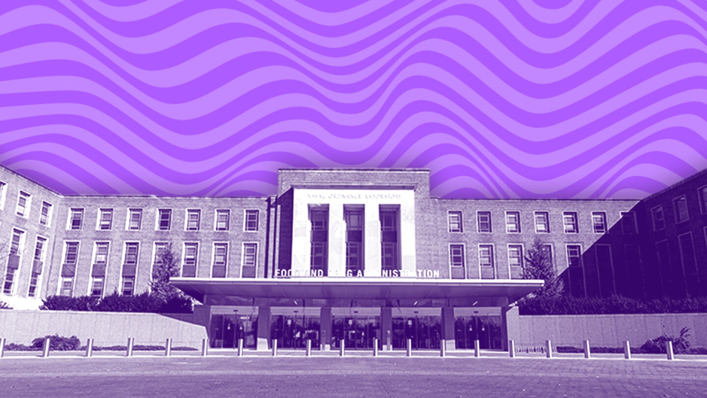 FDA headquarters with a purple psychedelic background.