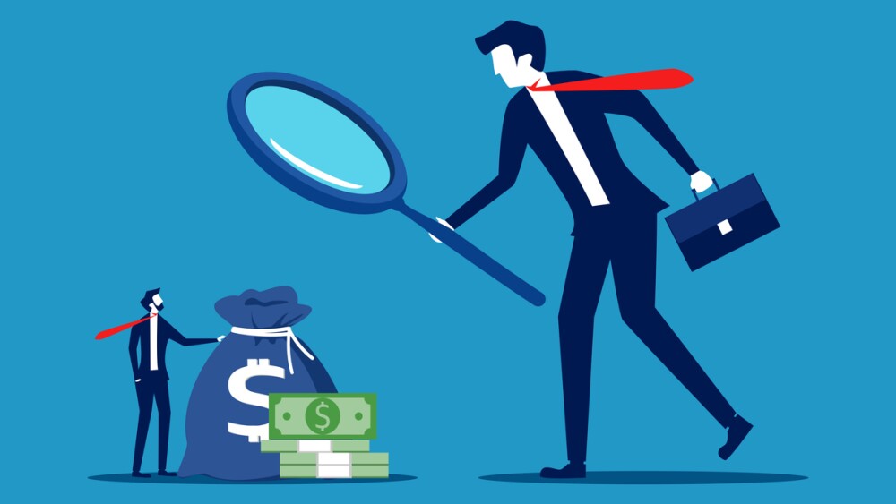 Inspect the property. Businessman boss using a magnifying glass to look at piles of money. vector