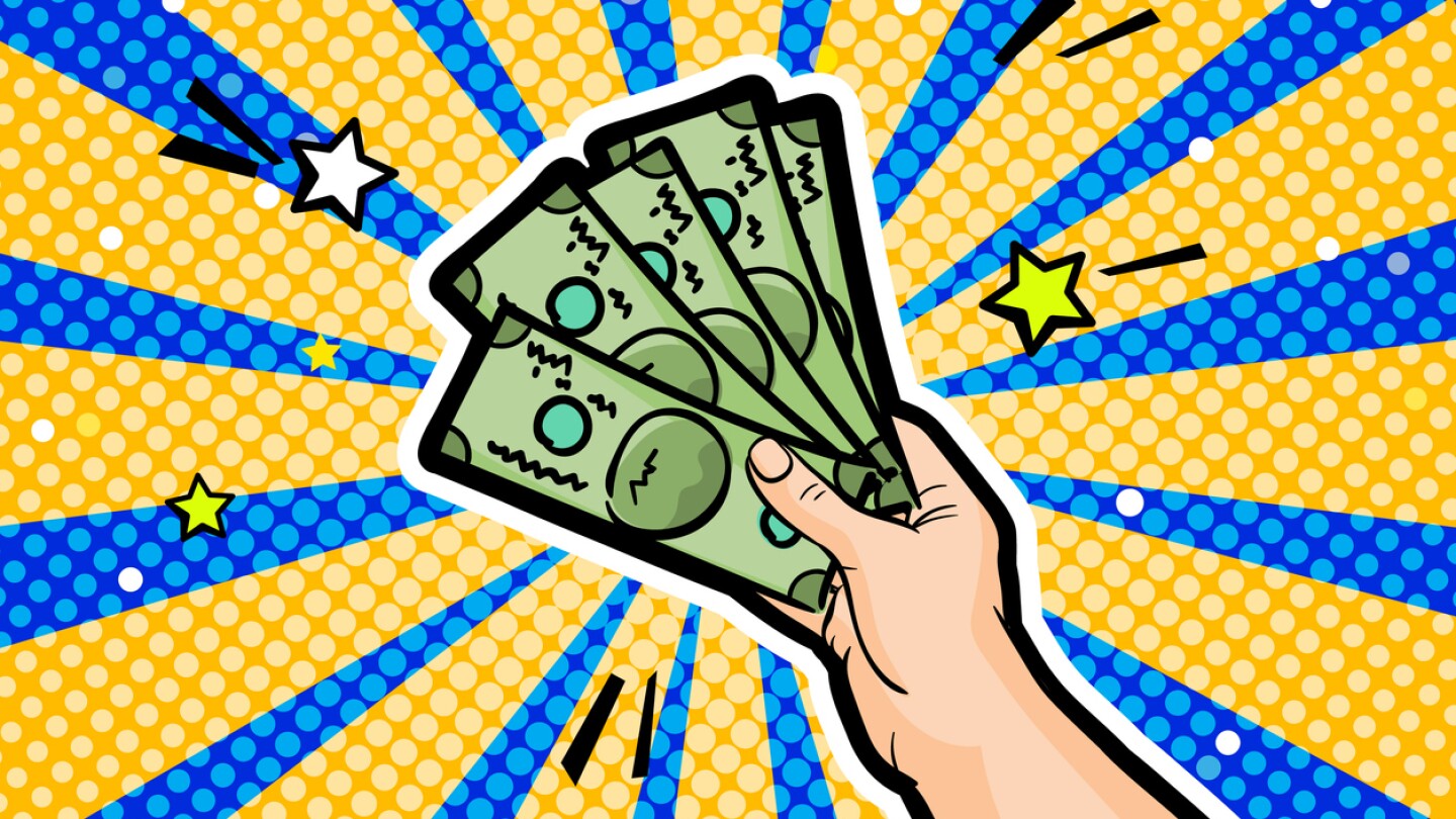 Concept of wealth. Human hand holding dollar money in pop art style. Vector illustration