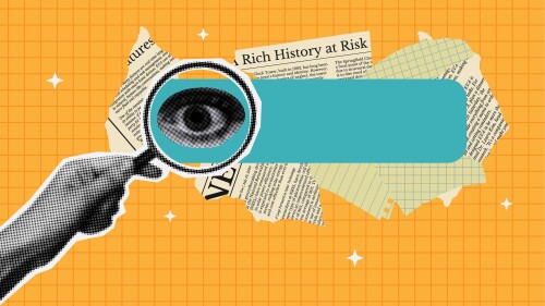 Background with halftone hand hold magnifier and torn papers. Collage element for search concept. Find information in internet browser.