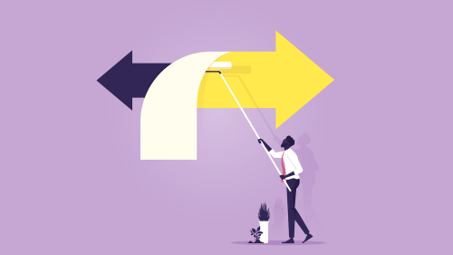 Two arrow signs representing the new way and old way approach to business