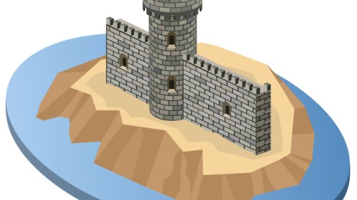 Isometric projection of a medieval castle on an island