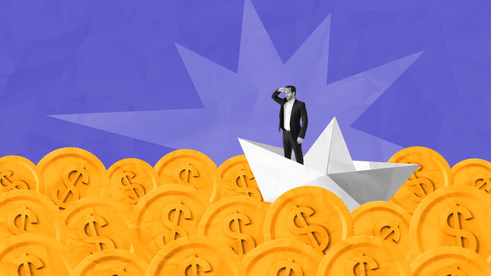 Man in suit on a paper boat sailing through golden coins with dollar signs, paper collage style, on a textured purple background, symbolizing money journey