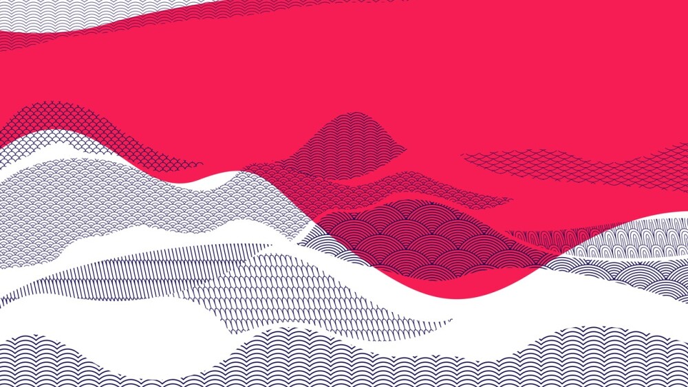 Abstract oriental Japanese art vector background in red color, traditional style design, wavy shapes and mountains terrain landscape, runny like sea lines.
