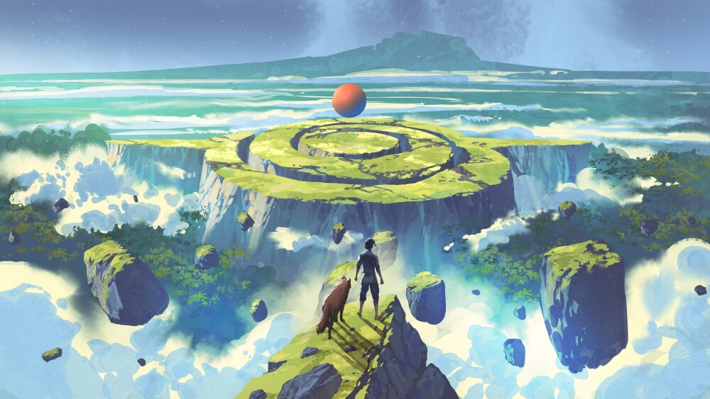 A man and a wolf stand on a cliff overlooking a surreal floating island with a circular path and a glowing orb in the distance, digital art style, illustration painting