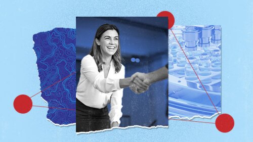 Photo of woman shaking hands with someone over biotech collage background