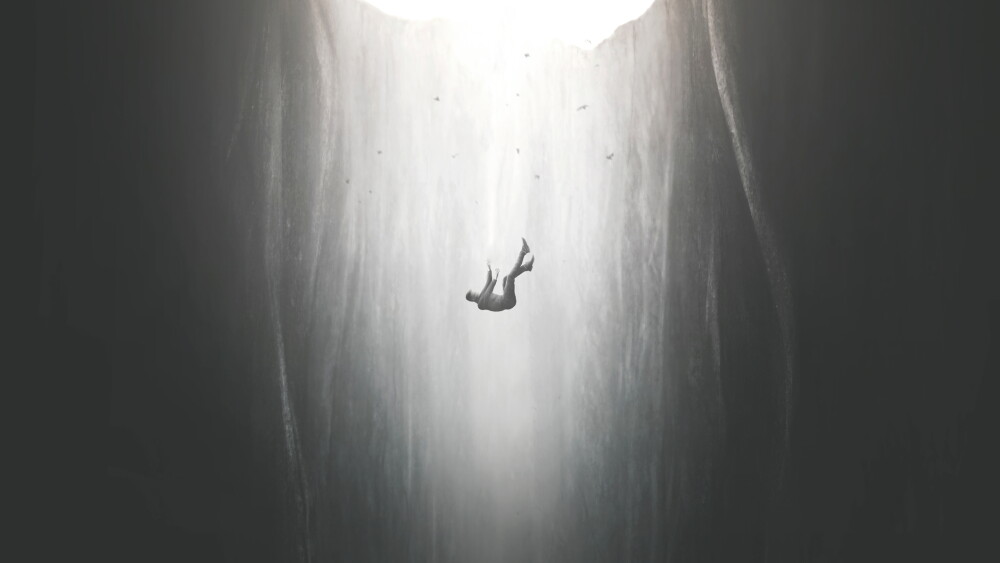 Illustration of man free fall, surreal failure concept