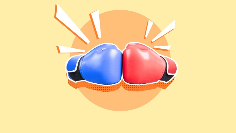 Two boxing gloves give a fist bump on a colored background. Collage art