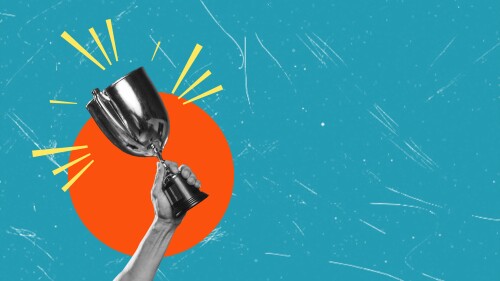 A contemporary artistic collage featuring a hand holding a trophy. The concept of victory and achievement.