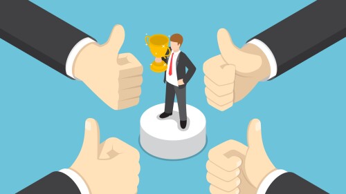 Flat 3d isometric businessman hands show thumb up finger gesture to business winner. Business success concept.