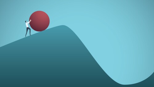 Businessman pushing boulder uphill vector concept of Sisyphus. Symbol of hard work, futile effort, strength, struggle, challenge but also motivation and ambition. Eps10 vector illustration.