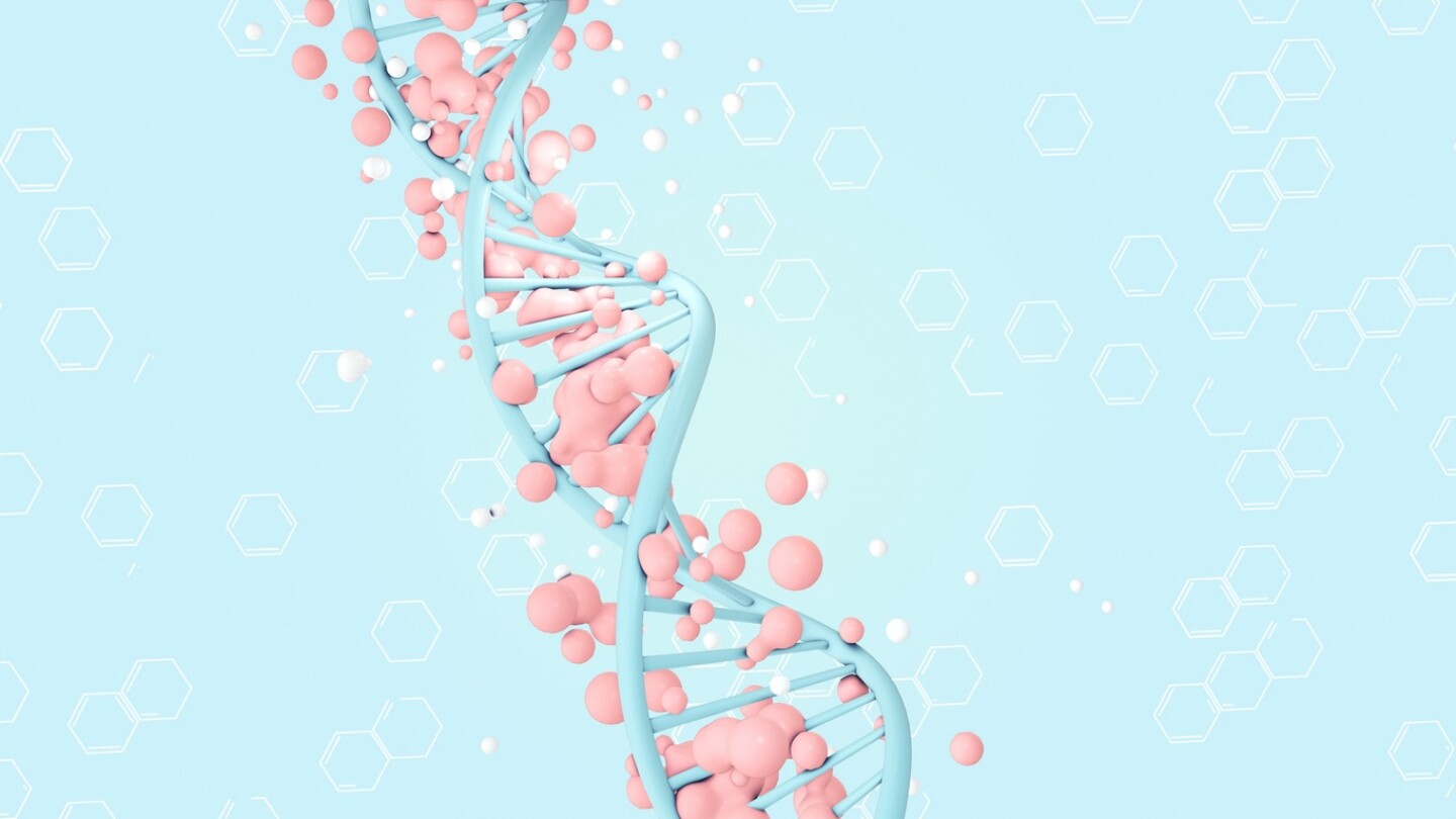 3D illustration of DNA strand surrounded alien cells, abstract health science illustration