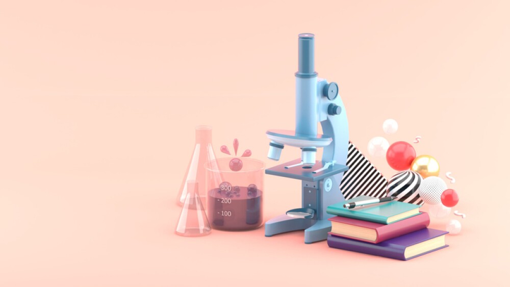 Microscopes, books and test tubes amidst colorful balls on a pink background.-3d rendering."n