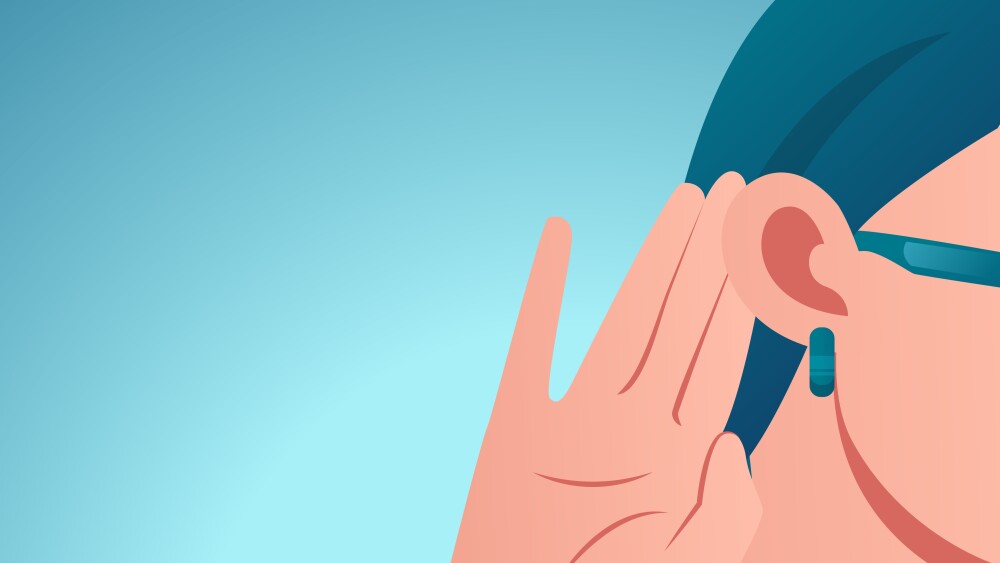 Vector of a woman holds her hand near ear and listens carefully isolated on blue background