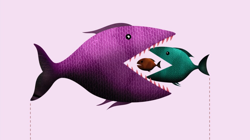 Big fish eats small, takeover of the company. Art collage.