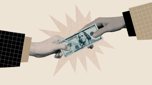 Creative poster collage of two business partners having deal financial payment giving money banknote isolated on beige color background.