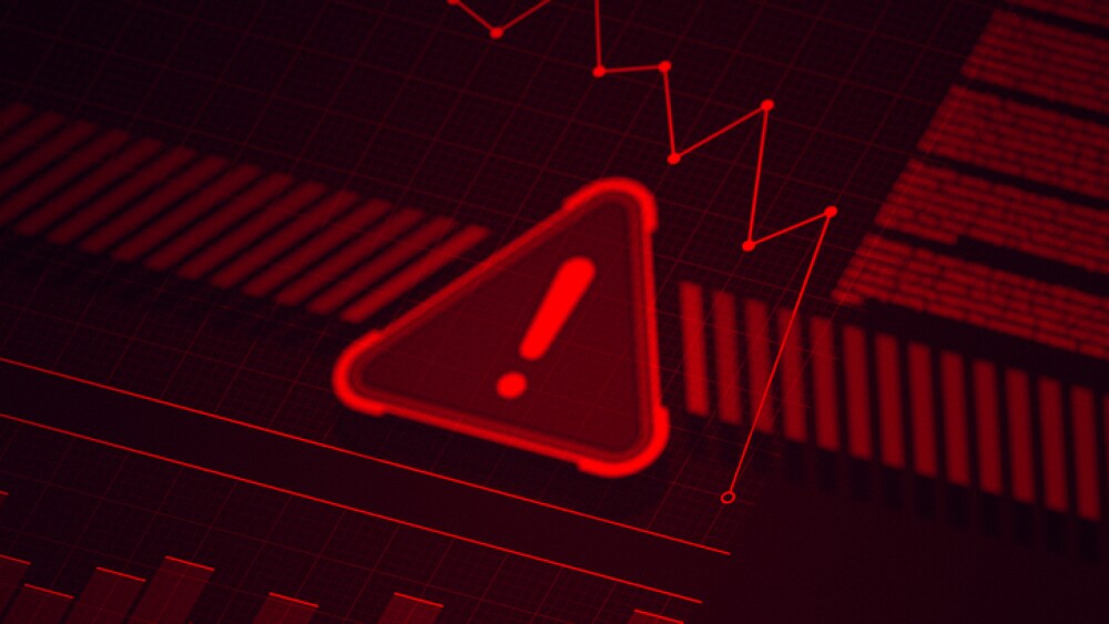 Digital isometric background red warning alert icon and decreasing stock market graph, economic crisis, financial risk, and market crash.