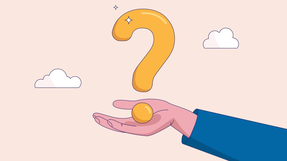 Difficult question concept. Big question mark or big problem to solve or finding solution, doubt or uncertainty, thinking to make decision, businessman holds up big question mark.