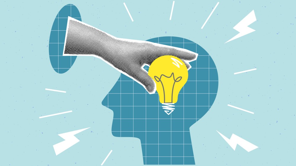 Collage with halftone hand, light bulb and head. Creative idea generation or brainstorm concept vector pop art retro style illustration. Design element for infographic, poster, website