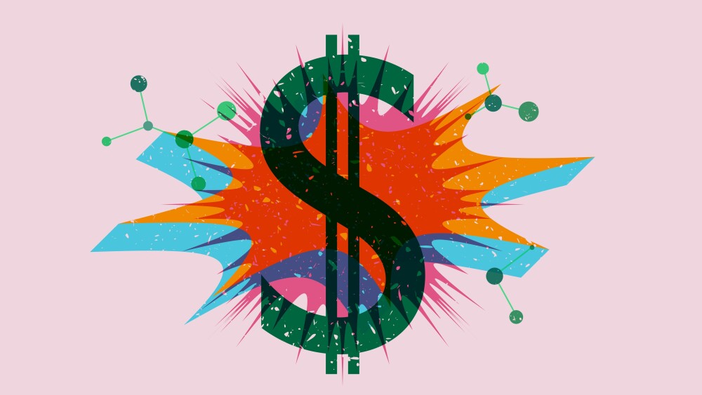 Dollar Sign with Colorful geometric shapes. Business in trendy riso graph design. Geometry elements with Currency Symbol, abstract risograph print texture style.