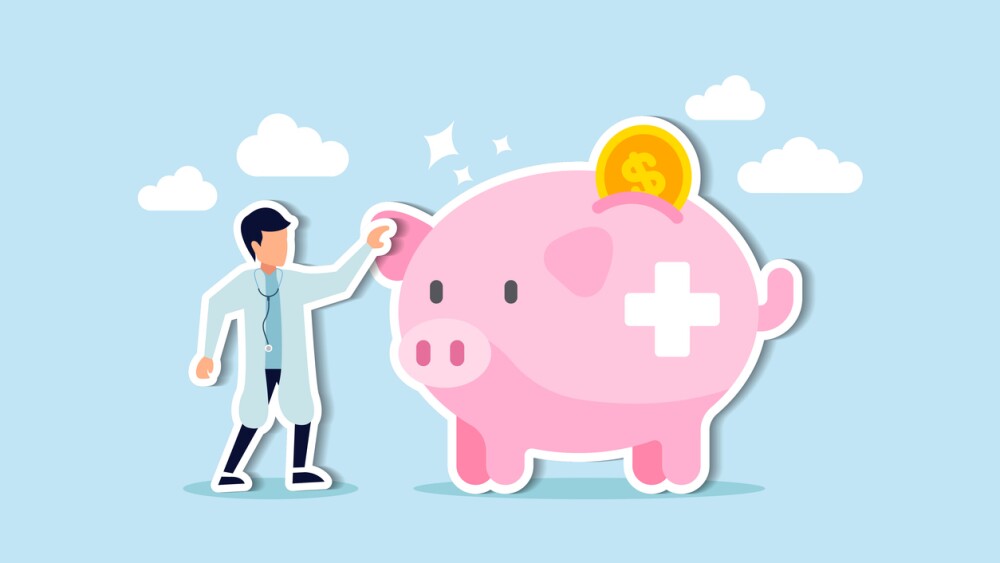 Health saving account, HSA, financial plan saving for medical expense or medicare cost and benefits concept, doctor with stethoscope standing with huge pink piggy bank or coin bank with medical sign.