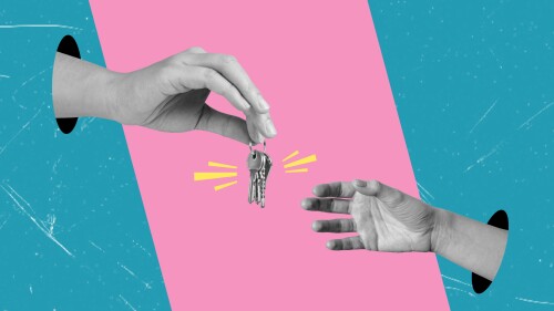 A big businessman hands over the key to the house. Art collage, hand with keys.