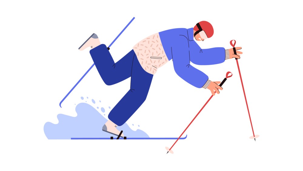 Man falls off skis, flat vector illustration isolated on white background. Person learns skiing and falls. Winter sport and vacation activities. Ski resort concept.