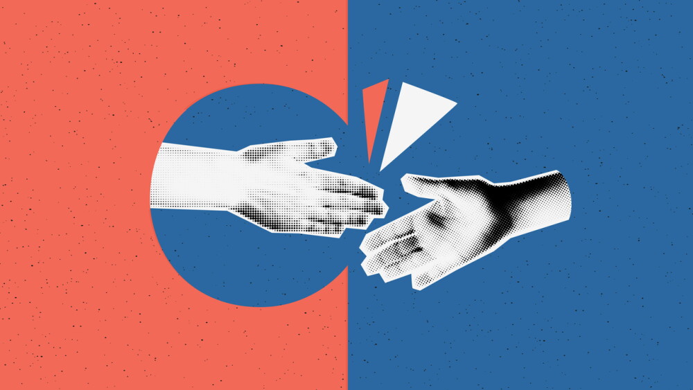 Merger and acquisition concept. Collage banner with halftone hands reaching out to each other on puzzle background. Handshake, partnership, cooperation, success deal. Modern retro vector illustration