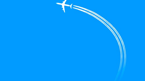 The white plane flies against the blue sky, leaving a white trail. Vector illustration