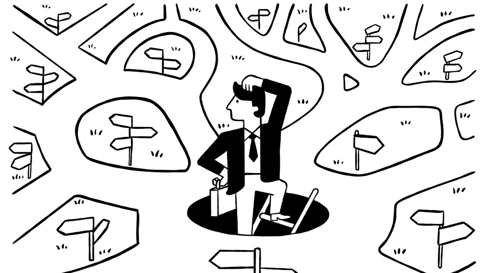 Businessman finds himself difficult to make decision because of too many directions or choices to choose. Cute character vector illustration, outline, thin line art, hand drawn sketch, black and white ink style.