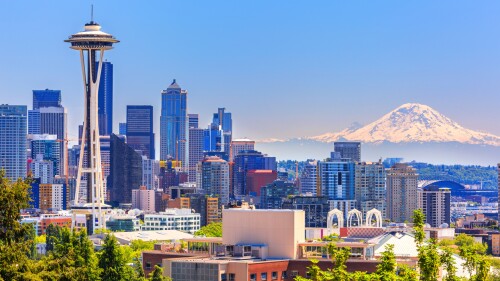 Photo showing Seattle downtown skyline and Mt. Rainier, Washington