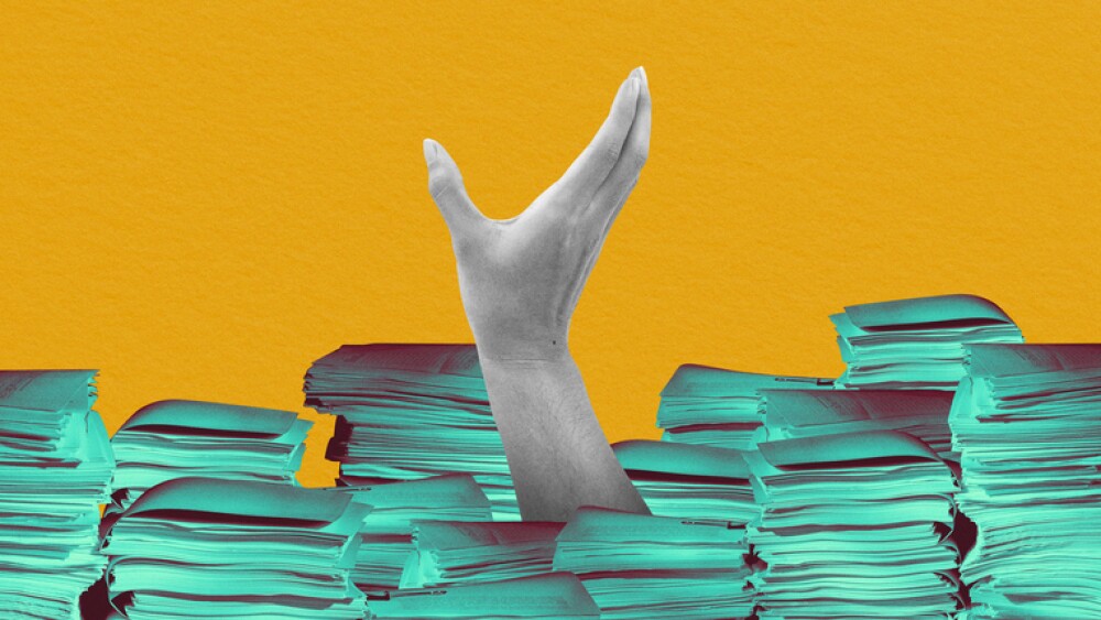 Person buried in paperwork hand raised collage art. Man drown in work concept. Overwork illustration for news banner, web articles, and posters