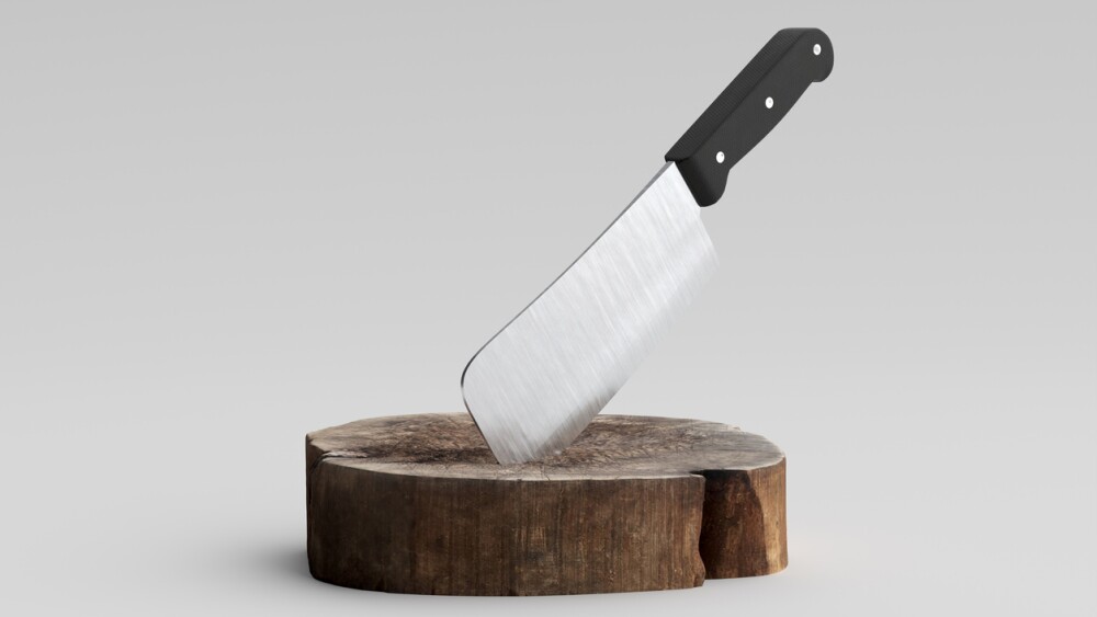 Large sharp meat cleaver sticking out of a rustic wood cutting board on a grey background. 3d render.