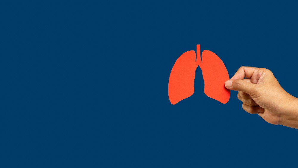 Hand holding a lung shape symbol against a blue background. World tuberculosis day, world no tobacco day, lung cancer, pulmonary hypertension, pneumonia