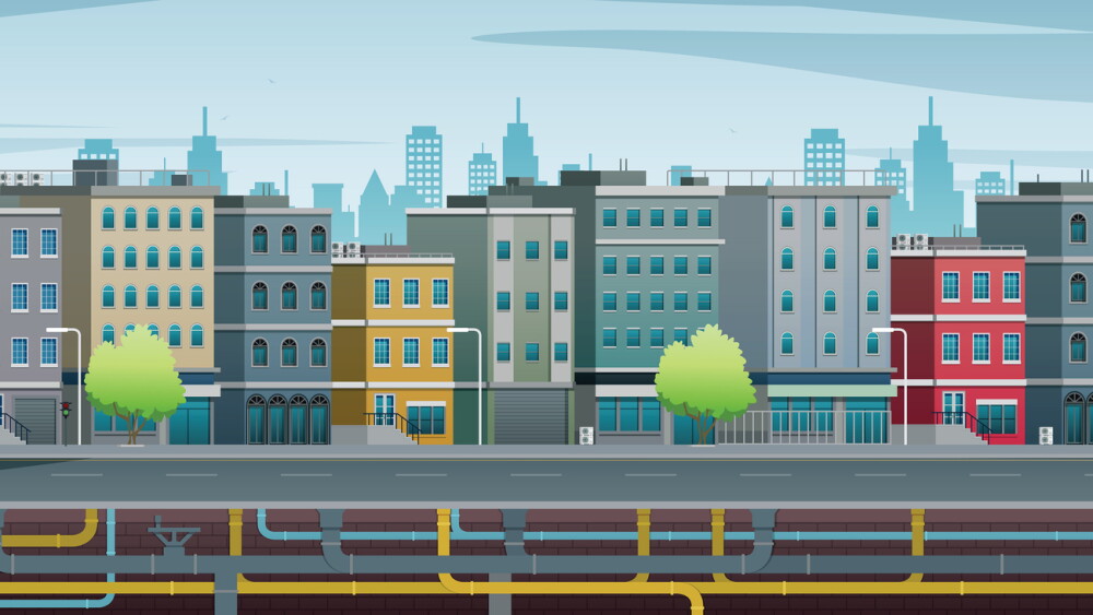 A city with electric wires and pipes underground.