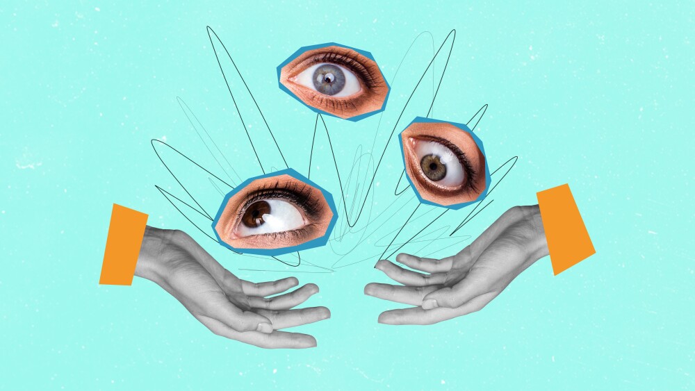 Photo collage hands body fragments palms eyesight vision espionage psychedelic concept eyes cutouts privacy violence drawing doodles.