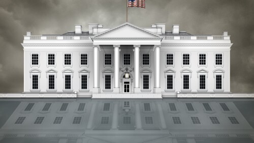 North view of the White House, with waving flag and cloudy sky, on a reflective surface that could be glass or water. 3D Illustration
