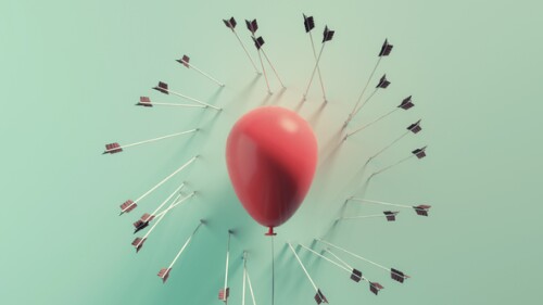 Balloon and missed bow spears arround . Target audience and marketing concept . This is a 3d render illustration .