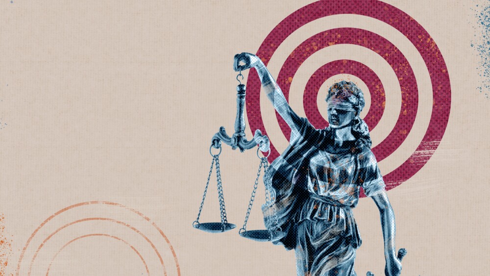 Composite contemporary collage statue of justice themis femida on the background of the target as the concept and idea of justice and law. High quality photo