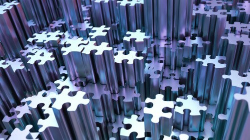 3D illustration abstract background. Image of puzzle pieces in chrome gray metal.