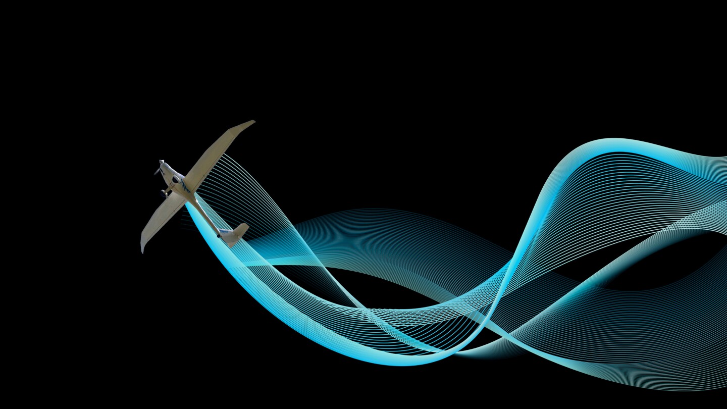 Ultralight plane from bottom with blue wave on black. Illustration background, banner with copy space