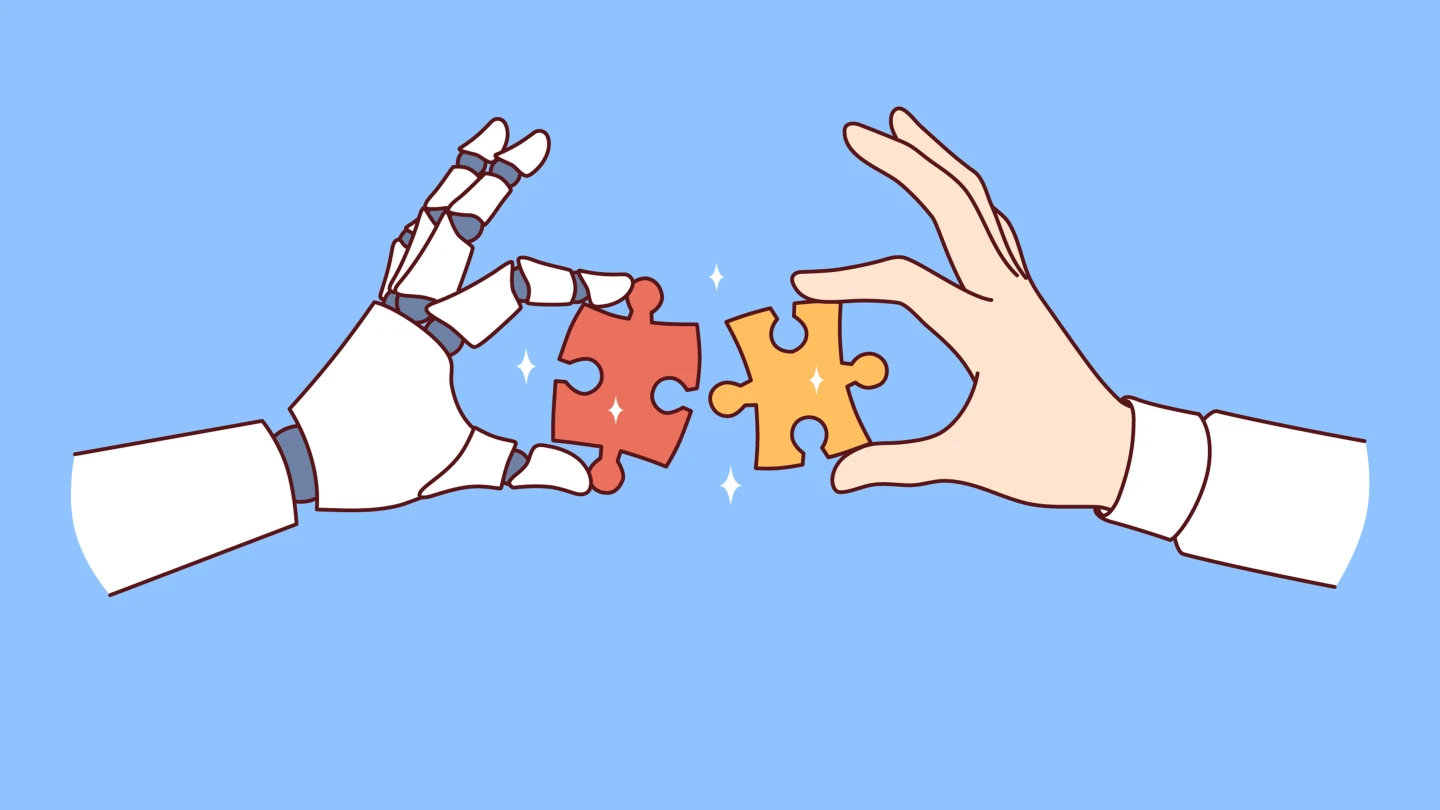 Collaboration between robot and human performing same task and holding different pieces of puzzle in hands. Synergy of robot with artificial intelligence and businessman to perform business tasks