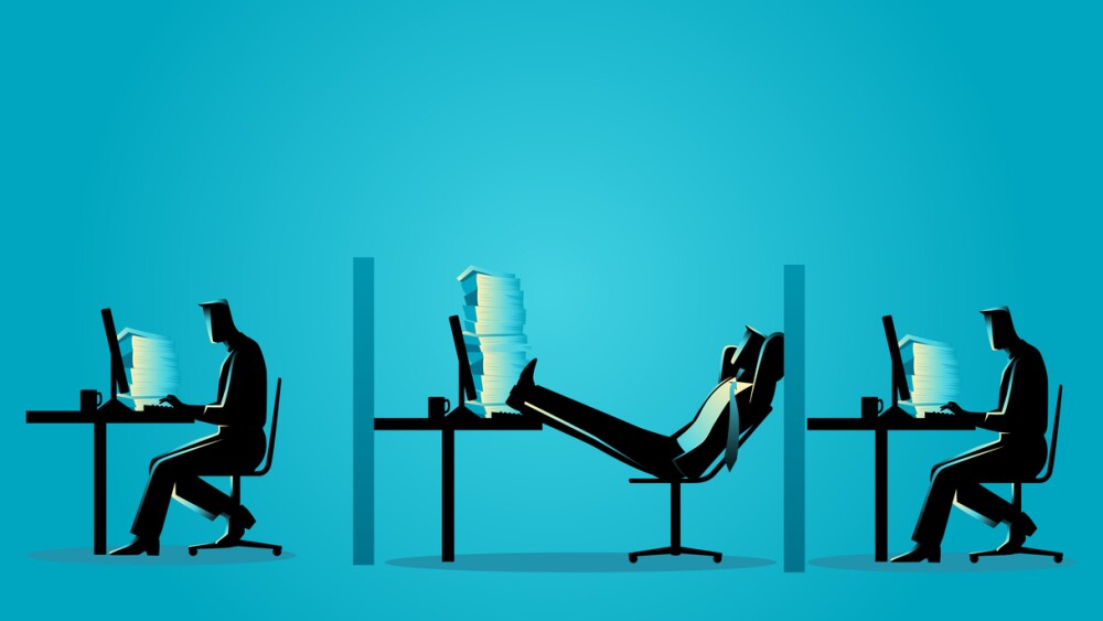 Illustration showing businessman relaxing while colleagues work