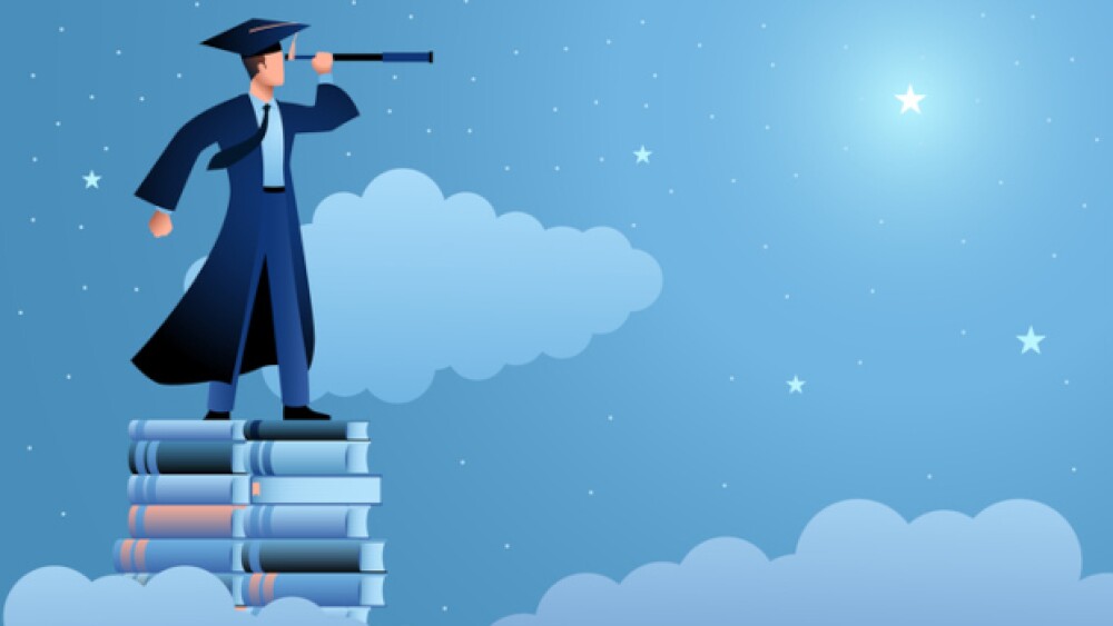 Illustration of a man in a graduation gown looking