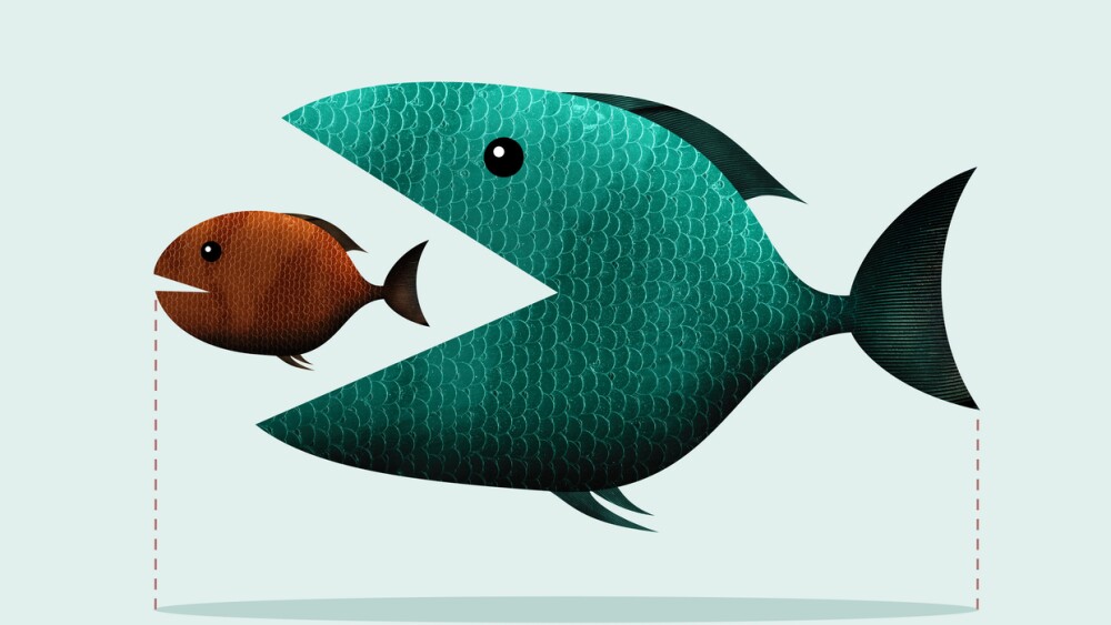 Big fish eats small, takeover of the company. Art collage.