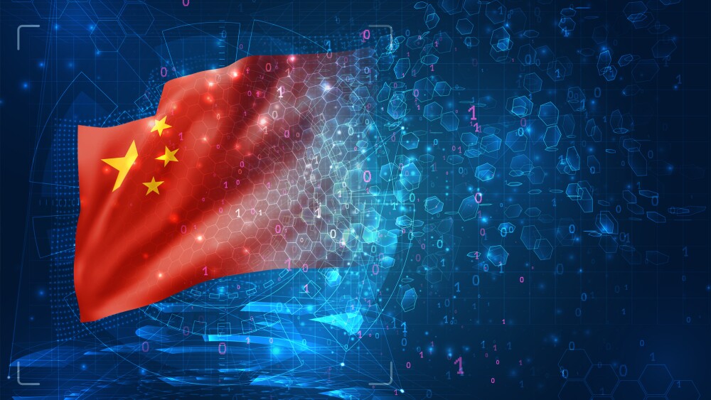 China, vector 3d flag on blue background with hud interfaces