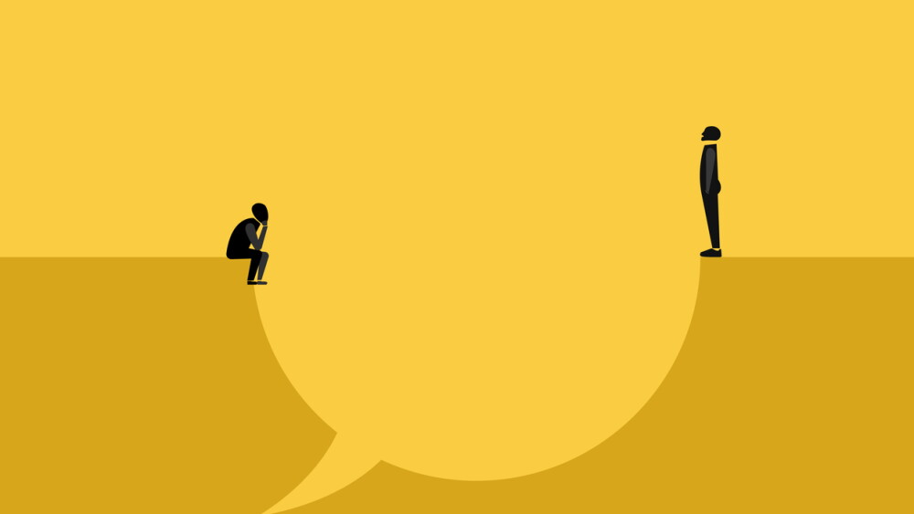 A man and woman on opposite edges of a large chat bubble