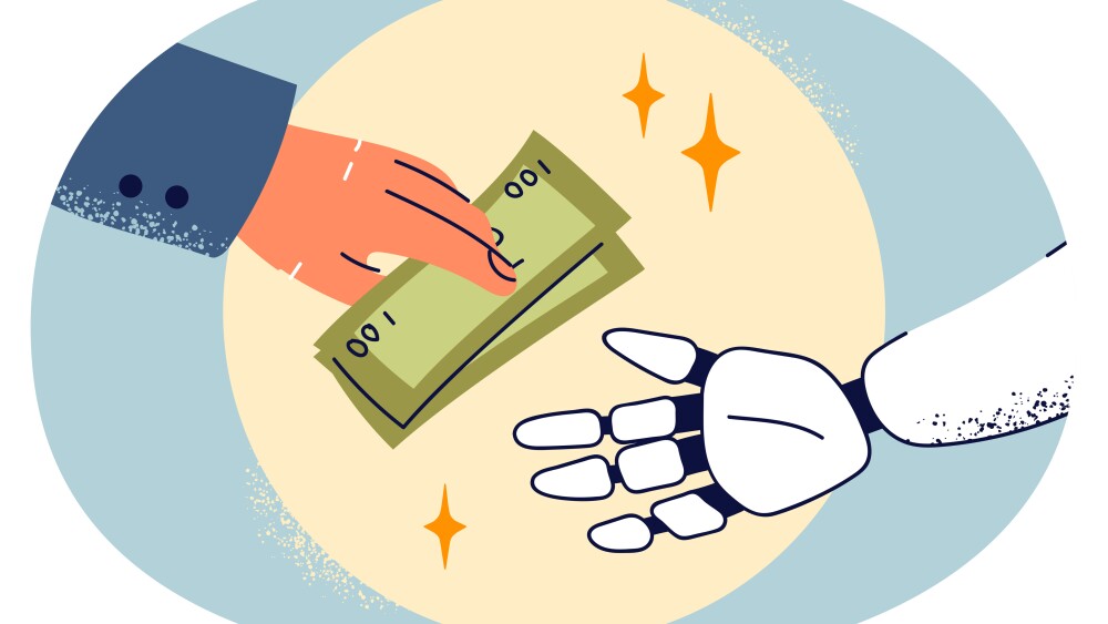 Closeup of businessman give money to robot. Man pass banknote bribe to robotic assistant. AI and technology. Vector illustration.
