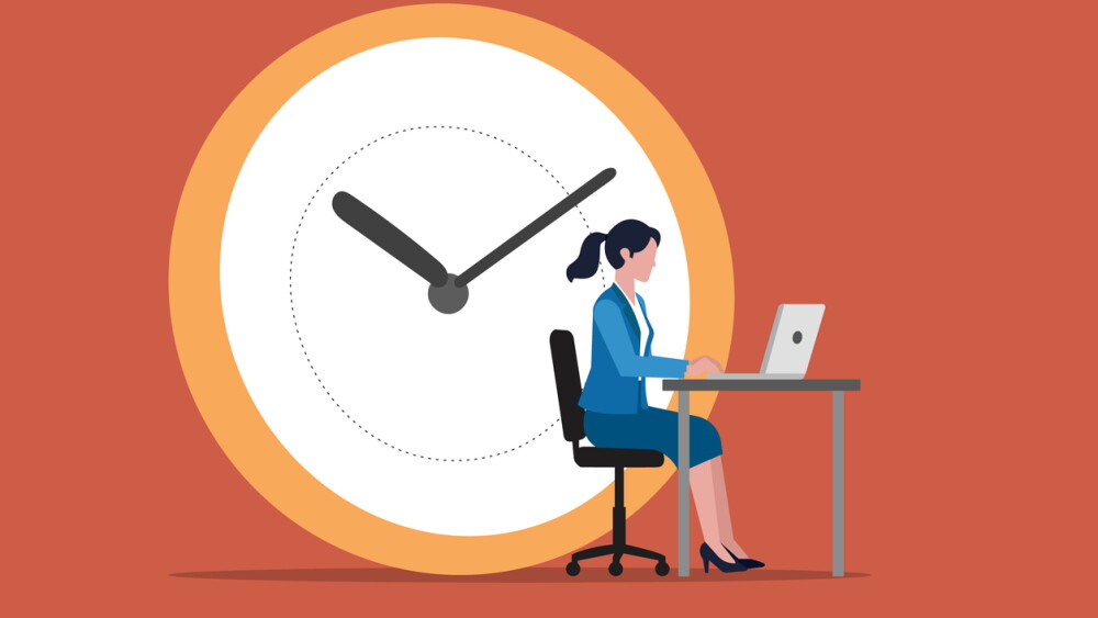 Business productivity illustration featuring Business woman working on laptop beside giant clock, symbolizing time management, efficiency, and deadlines