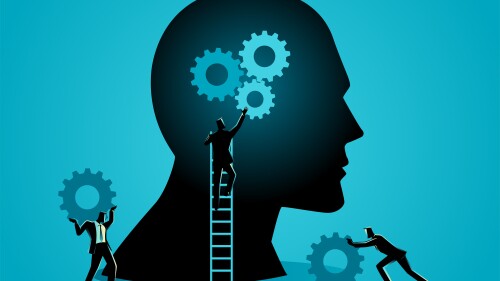 Businessmen working together installing gears in human head, business initiative, mindset improvement concept